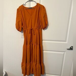 Orange Puff Sleeve Midi Dress